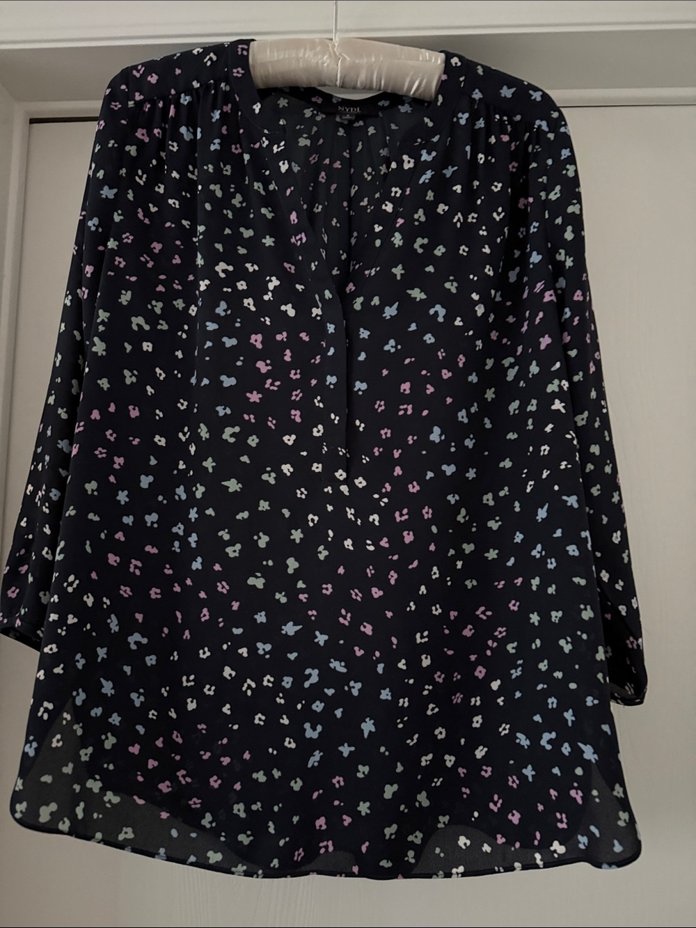 NYDJ Navy Blouse with Pastel Floral Spots